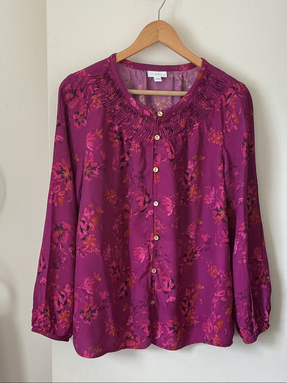 J.JILL Women's Magenta Floral Button-Front Blouse
